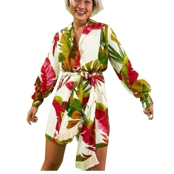 FARM Rio Spring Forest Floral Front Wrap Long Sleeve Shirt Mini Dress NEW Small - Picture 7 of 15